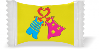 Balas de Brinde Modelo Roupas no Cabide Fundo Amarelo Duras com Sabor de Frutas - Balinhas Personalizadas