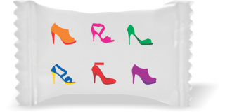 Balas de Brinde Modelo Sapatos Fundo Branco Duras com Sabor de Frutas - Balinhas Personalizadas