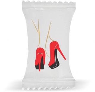 Balas de Brinde Modelo Sapato Vermelho Fundo Branco Duras com Sabor de Frutas - Balinhas Personalizadas