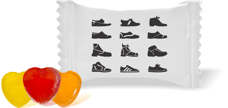 Balas de Brinde Modelo Sapatos Masculinos Fundo Branco Duras com Sabor de Frutas - Balinhas Personalizadas