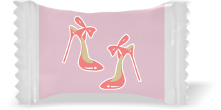Balas de Brinde Modelo Salto Agulha Fundo Rosa Duras com Sabor de Frutas - Balinhas Personalizadas