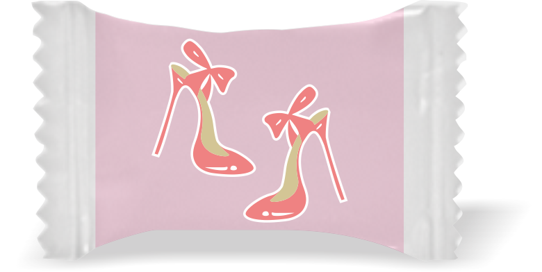 Balas de Brinde Modelo Salto Agulha Fundo Rosa Duras com Sabor de Frutas - Balinhas Personalizadas