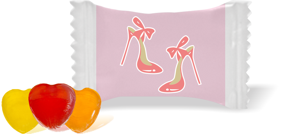 Balas de Brinde Modelo Salto Agulha Fundo Rosa Duras com Sabor de Frutas - Balinhas Personalizadas