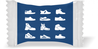 Balas de Brinde Modelo Sapatos Masculinos Fundo Azul Duras com Sabor de Frutas - Balinhas Personalizadas
