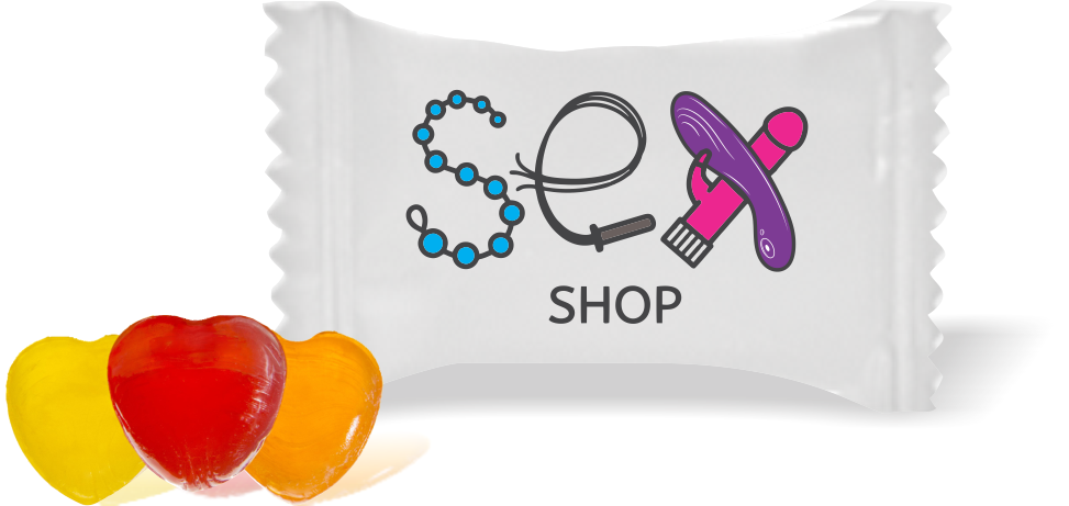 Balas de Brinde Modelo Vibrador Fundo Branco Duras com Sabor de Frutas - Balinhas Personalizadas