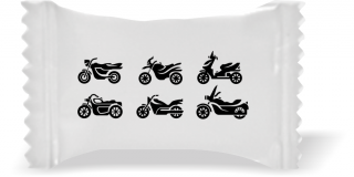 Balas de Brinde Modelo Motos Fundo Branco Duras com Sabor de Frutas - Balinhas Personalizadas