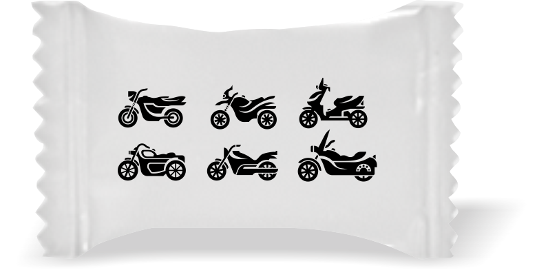 Balas de Brinde Modelo Motos Fundo Branco Duras com Sabor de Frutas - Balinhas Personalizadas