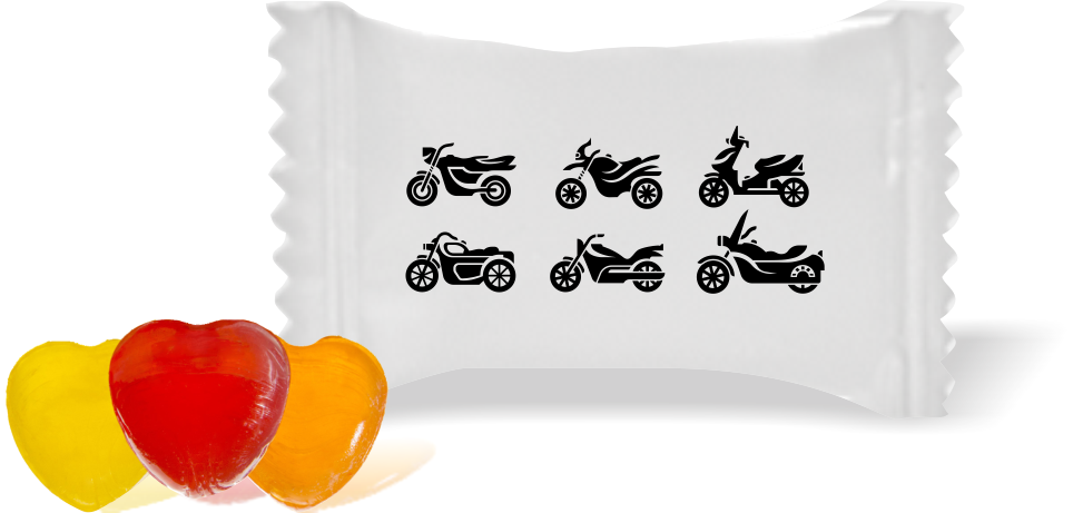 Balas de Brinde Modelo Motos Fundo Branco Duras com Sabor de Frutas - Balinhas Personalizadas
