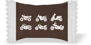 Balas de Brinde Modelo Motos Fundo Marrom Duras com Sabor de Frutas - Balinhas Personalizadas