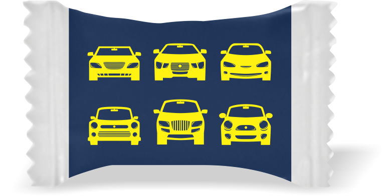 Balas de Brinde Modelo Carros Fundo Azul Duras com Sabor de Frutas - Balinhas Personalizadas