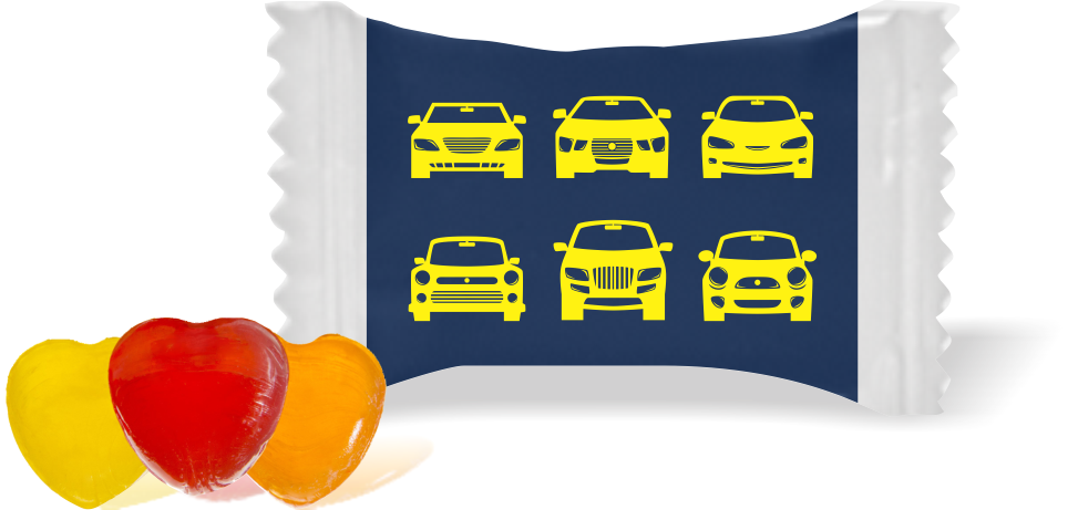 Balas de Brinde Modelo Carros Fundo Azul Duras com Sabor de Frutas - Balinhas Personalizadas