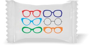 Balas de Brinde Modelo Óculos Coloridos Fundo Branco Duras com Sabor de Frutas - Balinhas Personalizadas