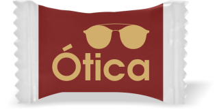 Balas de Brinde Modelo Ótica Fundo Marrom Duras com Sabor de Frutas - Balinhas Personalizadas
