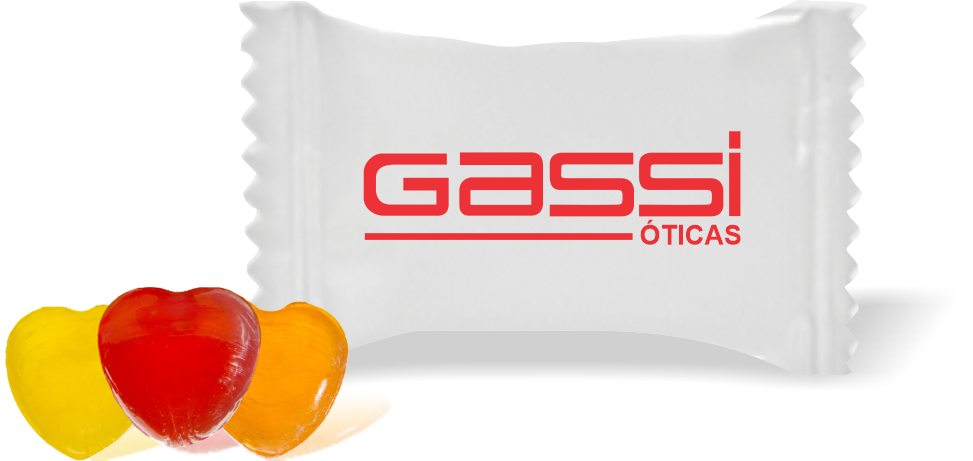 Balas de Brinde GASSI Óticas Duras com Sabor de Frutas - Balinhas Personalizadas