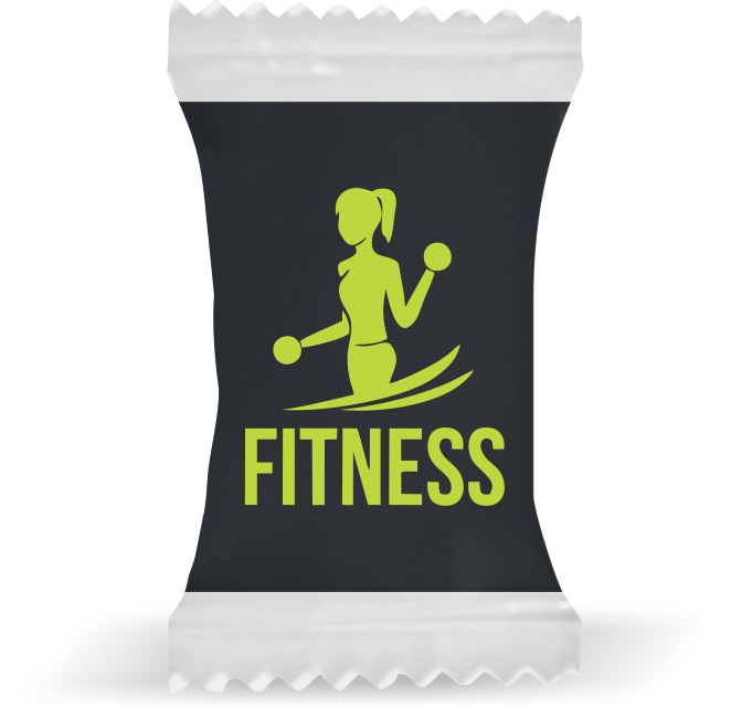 Balas de Brinde Modelo   Mulher Fitness Fundo Preto Duras com Sabor de Frutas - Balinhas Personalizadas
