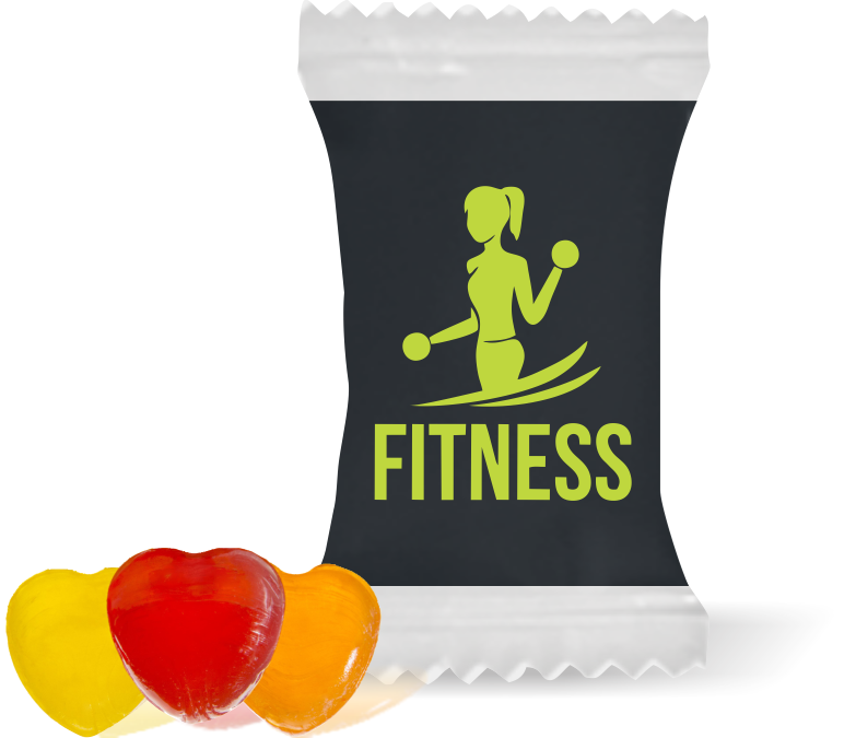 Balas de Brinde Modelo   Mulher Fitness Fundo Preto Duras com Sabor de Frutas - Balinhas Personalizadas