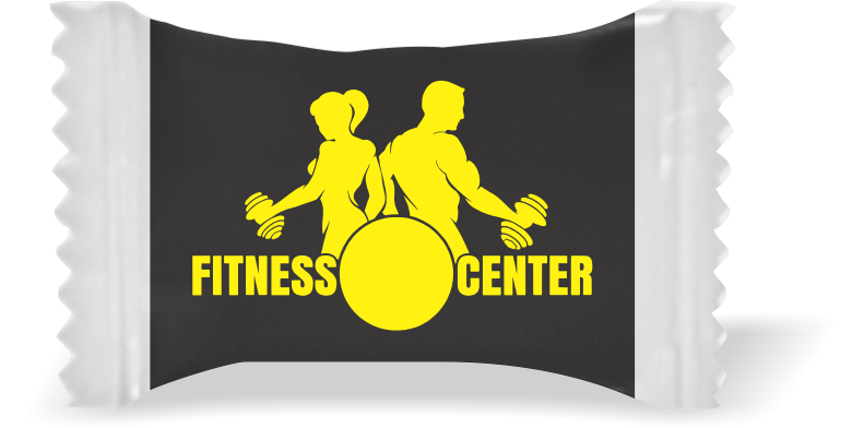 Balas de Brinde Modelo  Fitness Center Fundo Preto Duras com Sabor de Frutas - Balinhas Personalizadas