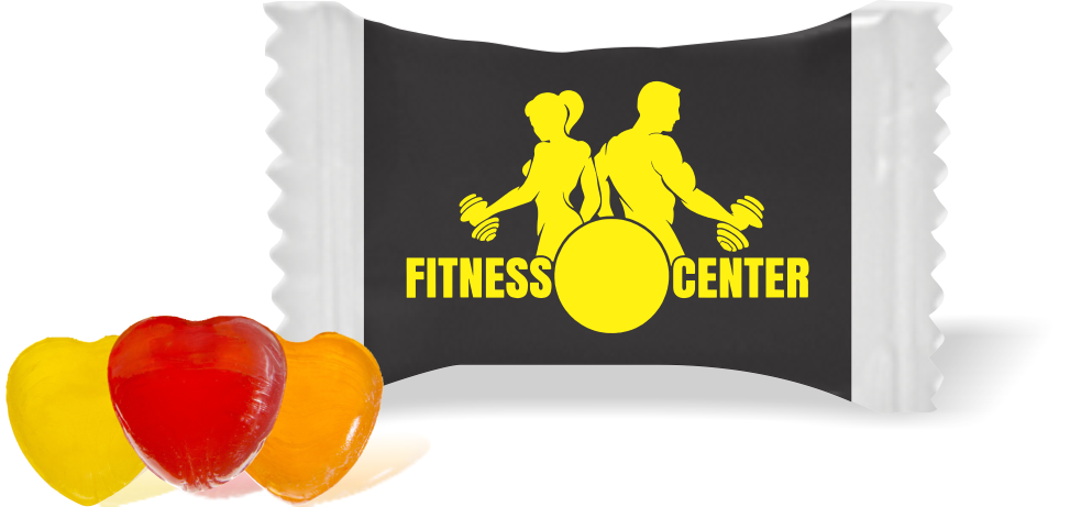 Balas de Brinde Modelo  Fitness Center Fundo Preto Duras com Sabor de Frutas - Balinhas Personalizadas