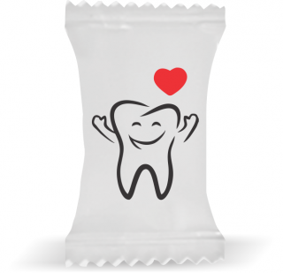 Balas de Brinde Modelo Dente Fundo Branco Duras com Sabor de Frutas - Balinhas Personalizadas