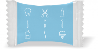 Balas de Brinde Modelo Utensílios Fundo Azul Duras com Sabor de Frutas - Balinhas Personalizadas