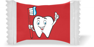 Balas de Brinde Modelo Dente com Escova Fundo Vermelho Duras com Sabor de Frutas - Balinhas Personalizadas