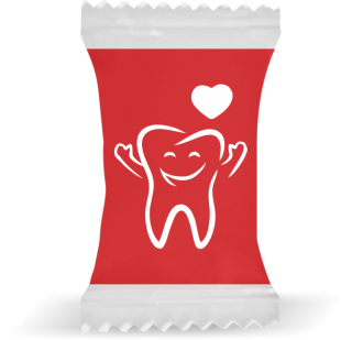 Balas de Brinde Modelo Dente Fundo Vermelho Duras com Sabor de Frutas - Balinhas Personalizadas