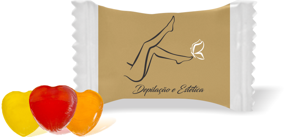 Balas de Brinde Modelo Pernas e Borboleta Fundo Bege Duras com Sabor de Frutas - Balinhas Personalizadas