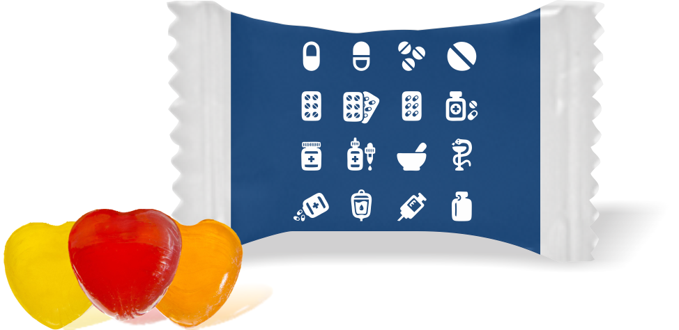 Balas de Brinde Modelo Manipulados Fundo Azul Duras com Sabor de Frutas - Balinhas Personalizadas