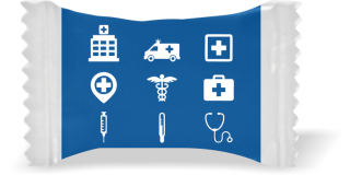 Balas de Brinde Modelo Símbolos Hospital Fundo Azul Duras com Sabor de Frutas - Balinhas Personalizadas