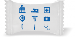 Balas de Brinde Modelo Símbolos Hospital Fundo Branco Duras com Sabor de Frutas - Balinhas Personalizadas