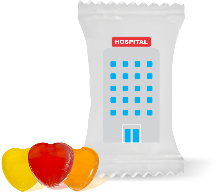 Balas de Brinde Modelo Hospital Fundo Branco Duras com Sabor de Frutas - Balinhas Personalizadas