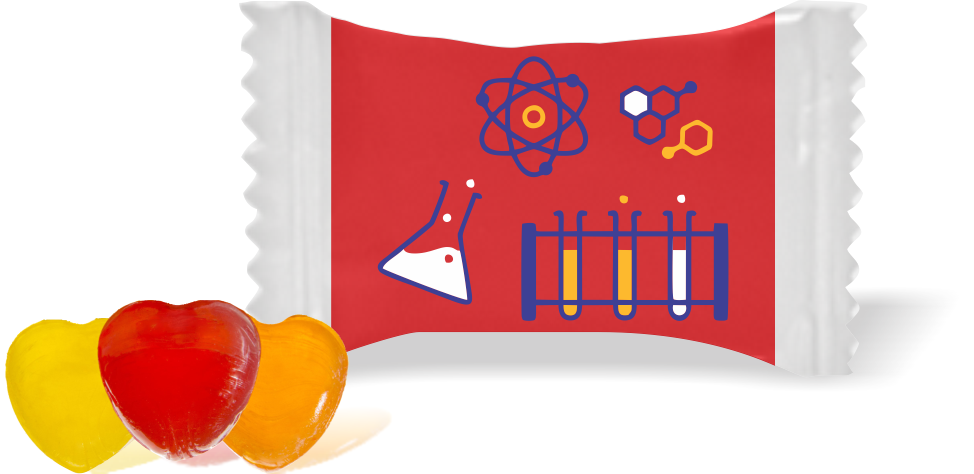 Balas de Brinde Modelo Tubos de Ensaio Fundo Vermelho Duras com Sabor de Frutas - Balinhas Personalizadas