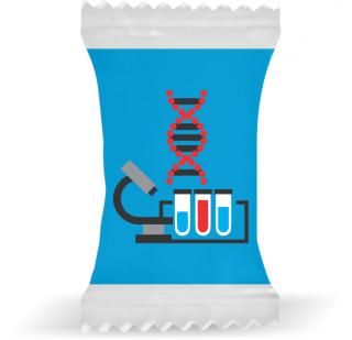 Balas de Brinde Modelo Microscópio Fundo Azul Duras com Sabor de Frutas - Balinhas Personalizadas