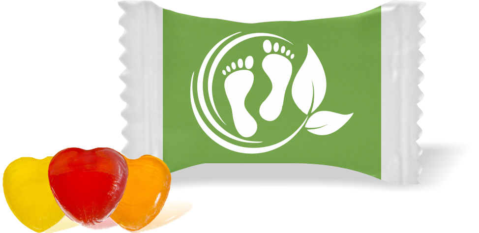 Balas de Brinde Pés e Folhas Fundo Verde Duras com Sabor de Frutas - Balinhas Personalizadas