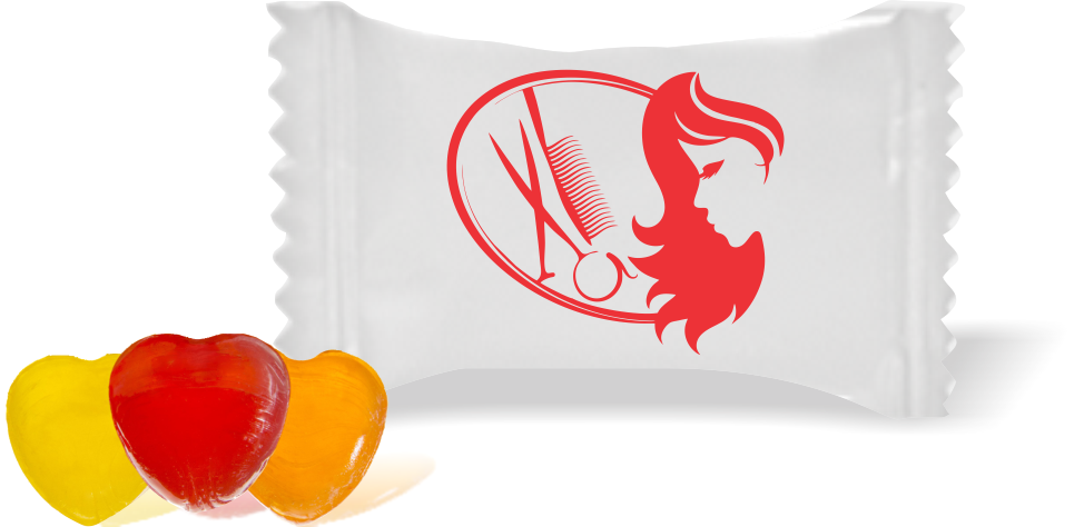 Balas de Brinde Mulher Tesoura e Pente Fundo Branco Duras com Sabor de Frutas - Balinhas Personalizadas