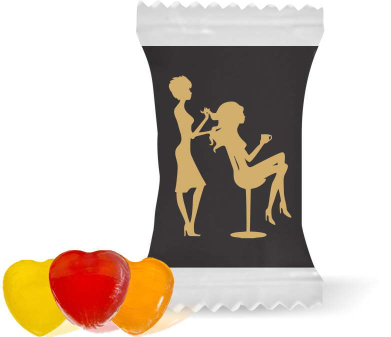 Balas de Brinde Cortando Cabelo Fundo Preto Duras com Sabor de Frutas - Balinhas Personalizadas