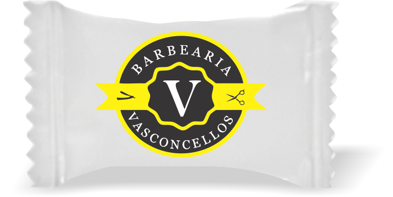 Balas de Brinde BARBEARIA VASCONCELLOS Duras com Sabor de Frutas - Balinhas Personalizadas