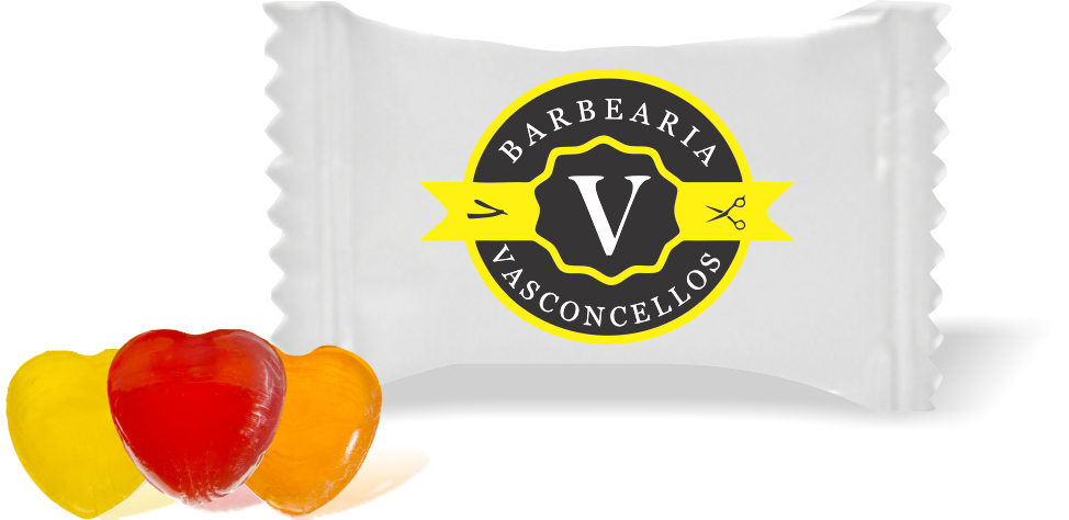 Balas de Brinde BARBEARIA VASCONCELLOS Duras com Sabor de Frutas - Balinhas Personalizadas