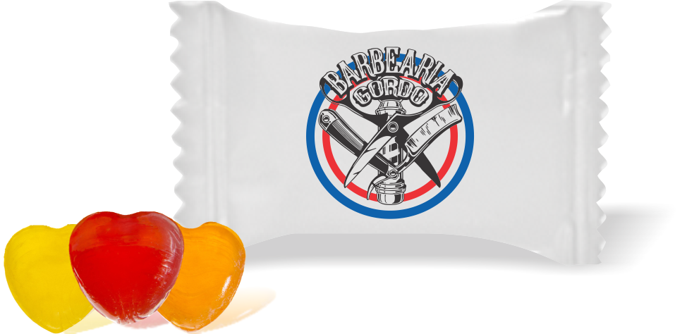 Balas de Brinde BARBEARIA GORDO Duras com Sabor de Frutas - Balinhas Personalizadas