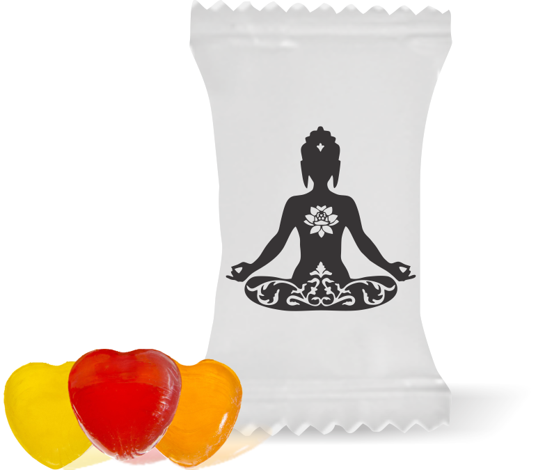 Balas de Brinde Posição de Lótus Fundo Branco Duras com Sabor de Frutas - Balinhas Personalizadas