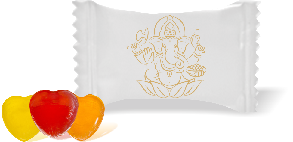 Balas de Brinde Ganesha Fundo Branco Duras com Sabor de Frutas - Balinhas Personalizadas