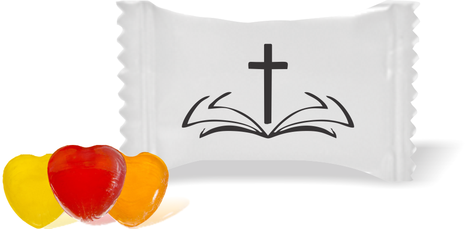 Balas de Brinde Bíblia Sagrada Fundo Branco Duras com Sabor de Frutas - Balinhas Personalizadas