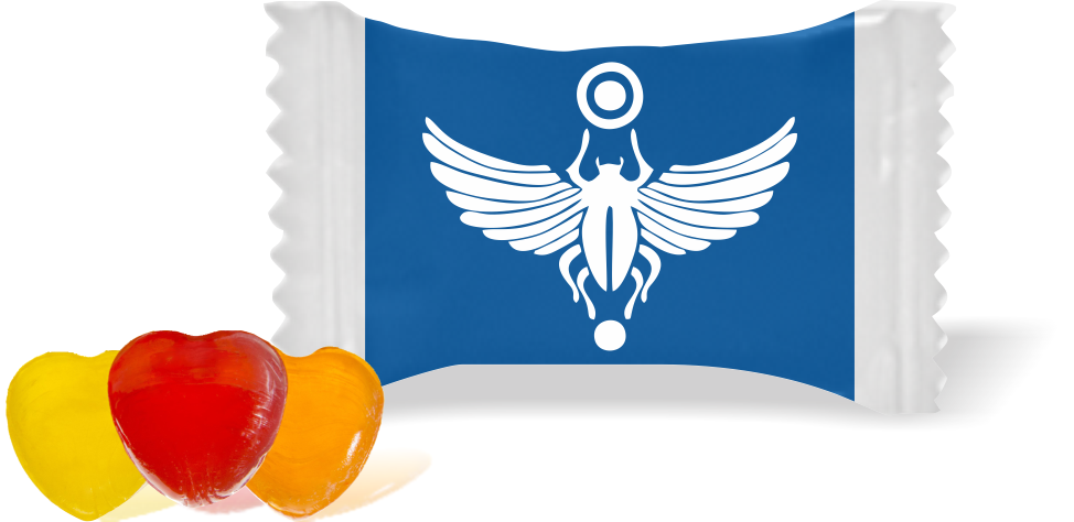 Balas de Brinde Escaravelho Egípsio Fundo Azul Duras com Sabor de Frutas - Balinhas Personalizadas