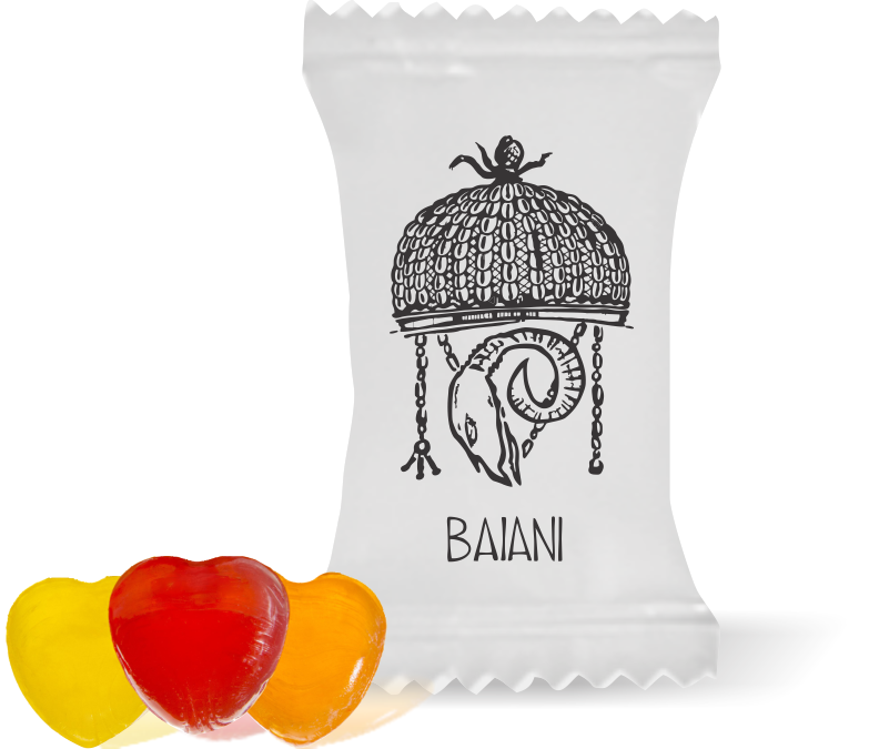 Balas de Brinde Baiani Fundo Branco Duras com Sabor de Frutas - Balinhas Personalizadas