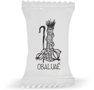 Balas de Brinde Obaluaê Fundo Branco Duras com Sabor de Frutas - Balinhas Personalizadas