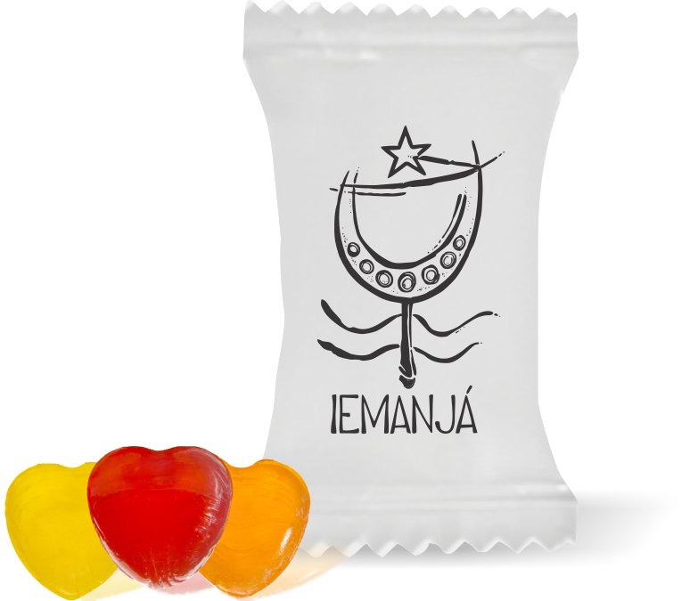Balas de Brinde Iemanjá Fundo Branco Duras com Sabor de Frutas - Balinhas Personalizadas