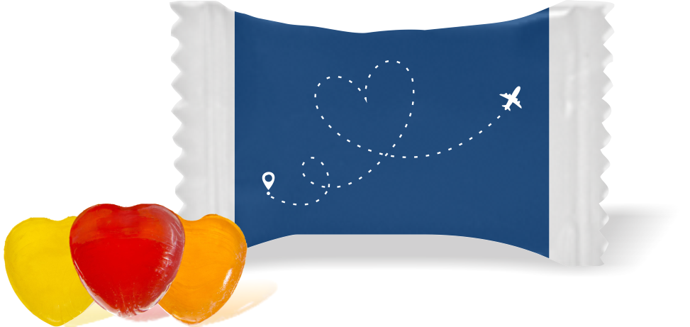 Balas de Brinde Looping Coração Fundo Azul Duras com Sabor de Frutas - Balinhas Personalizadas