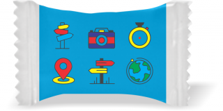 Balas de Brinde Sinalizações Fundo Azul Duras com Sabor de Frutas - Balinhas Personalizadas
