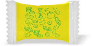 Balas de Brinde Dinheiro Vivo Fundo Amarelo Duras com Sabor de Frutas - Balinhas Personalizadas