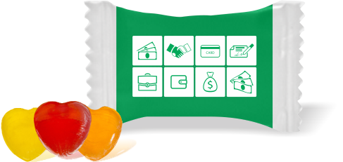 Balas de Brinde Pagamentos Fundo Verde Duras com Sabor de Frutas - Balinhas Personalizadas